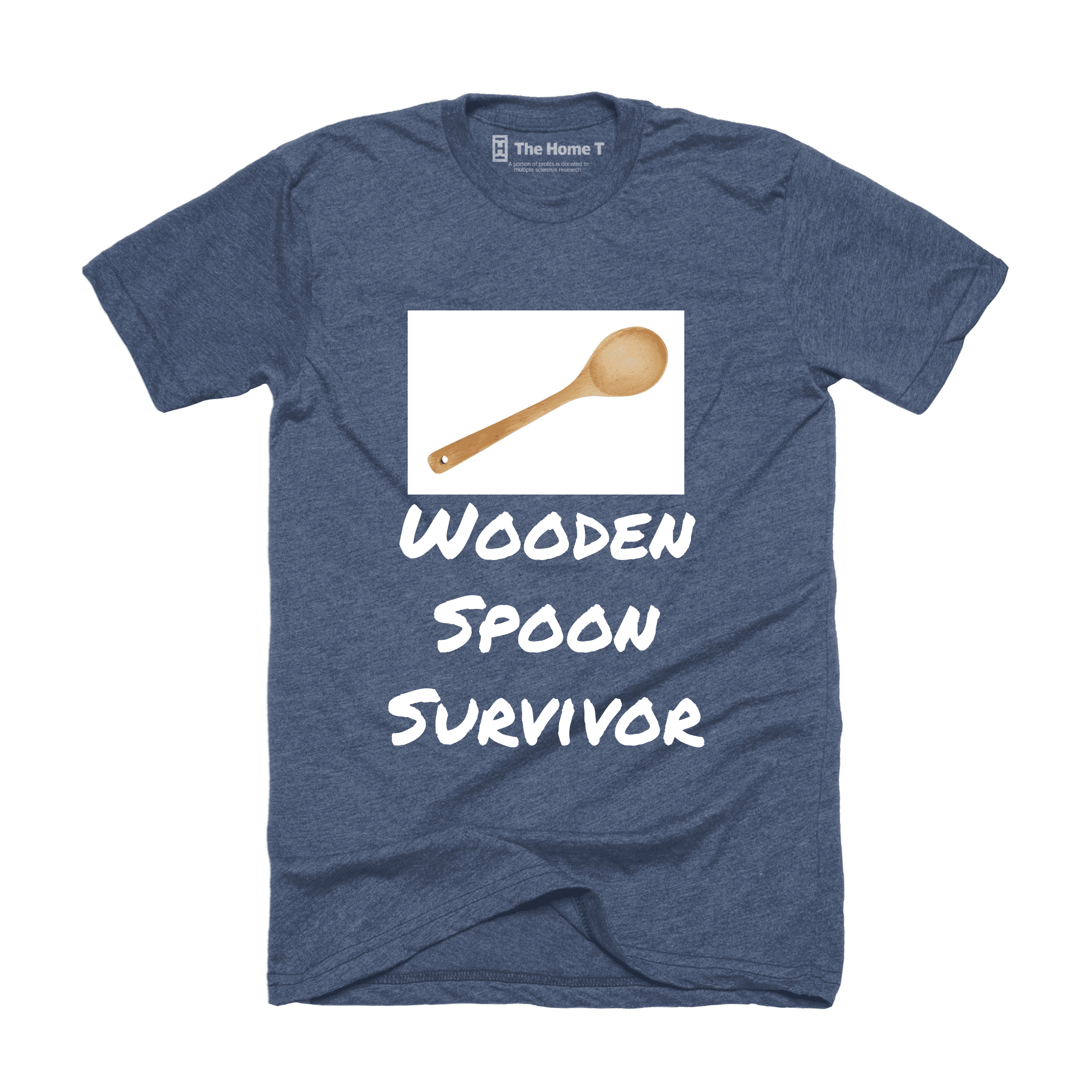 Blue "Wooden Spoon Survivor" T-shirt from TheHomeT featuring a wooden spoon graphic.